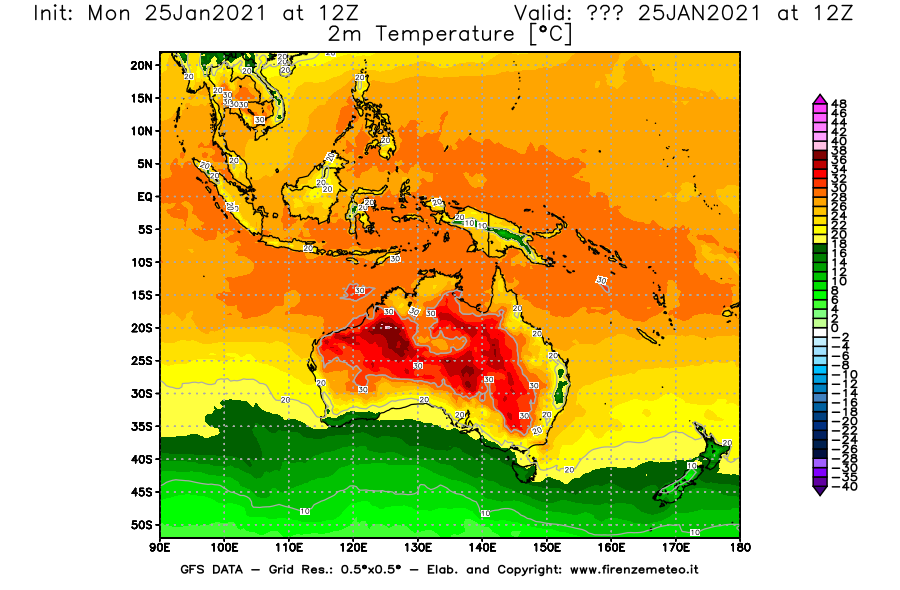 Mappa di analisi GFS - Temperatura a 2 metri dal suolo [°C] in Oceania
									del 25/01/2021 12 <!--googleoff: index-->UTC<!--googleon: index-->