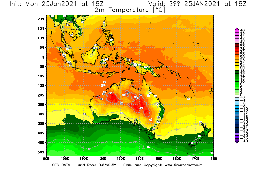 Mappa di analisi GFS - Temperatura a 2 metri dal suolo [°C] in Oceania
									del 25/01/2021 18 <!--googleoff: index-->UTC<!--googleon: index-->