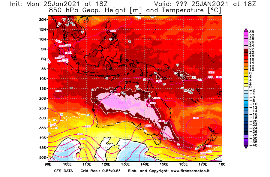 Mappa di analisi GFS - Geopotenziale [m] e Temperatura [°C] a 850 hPa in Oceania
									del 25/01/2021 18 <!--googleoff: index-->UTC<!--googleon: index-->