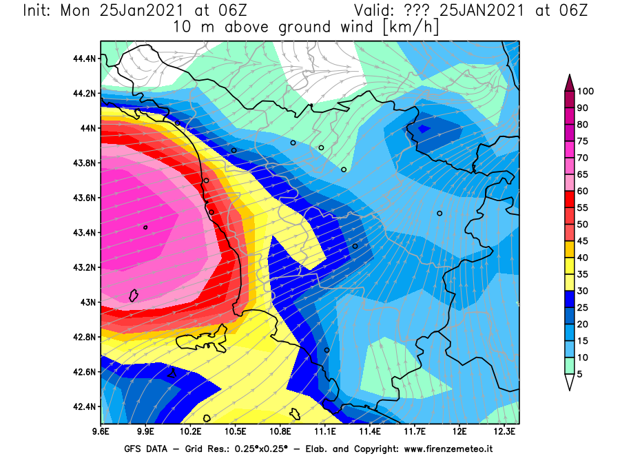 Mappa di analisi GFS - Velocità del vento a 10 metri dal suolo [km/h] in Toscana
									del 25/01/2021 06 <!--googleoff: index-->UTC<!--googleon: index-->