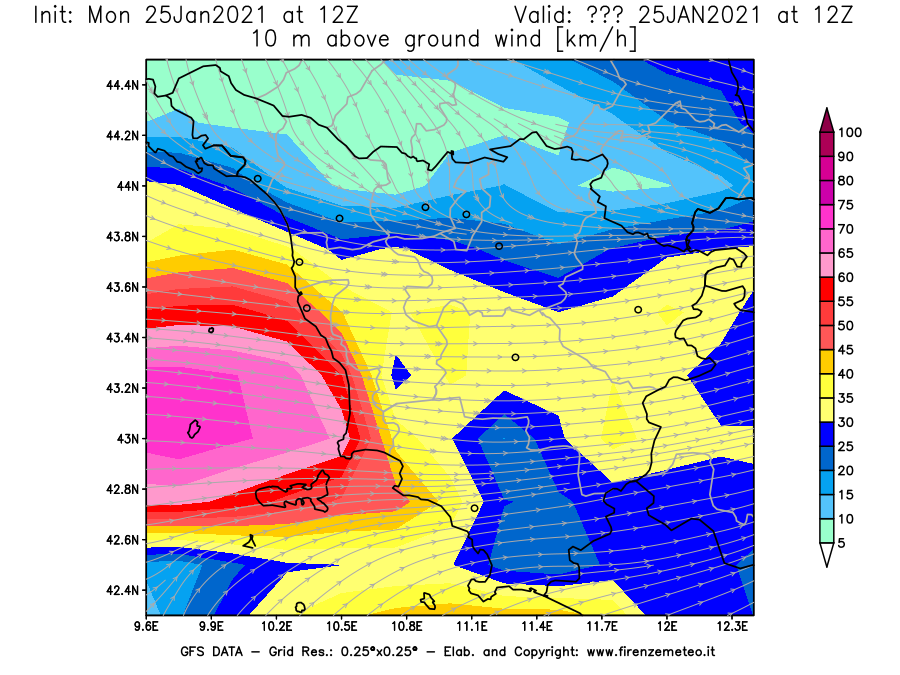 Mappa di analisi GFS - Velocità del vento a 10 metri dal suolo [km/h] in Toscana
							del 25/01/2021 12 <!--googleoff: index-->UTC<!--googleon: index-->