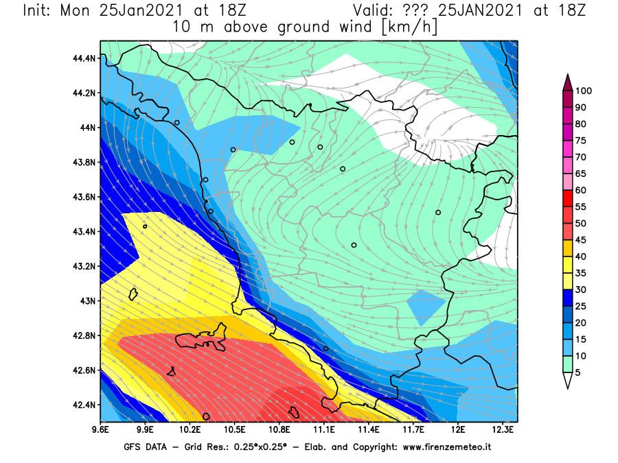 Mappa di analisi GFS - Velocità del vento a 10 metri dal suolo [km/h] in Toscana
									del 25/01/2021 18 <!--googleoff: index-->UTC<!--googleon: index-->