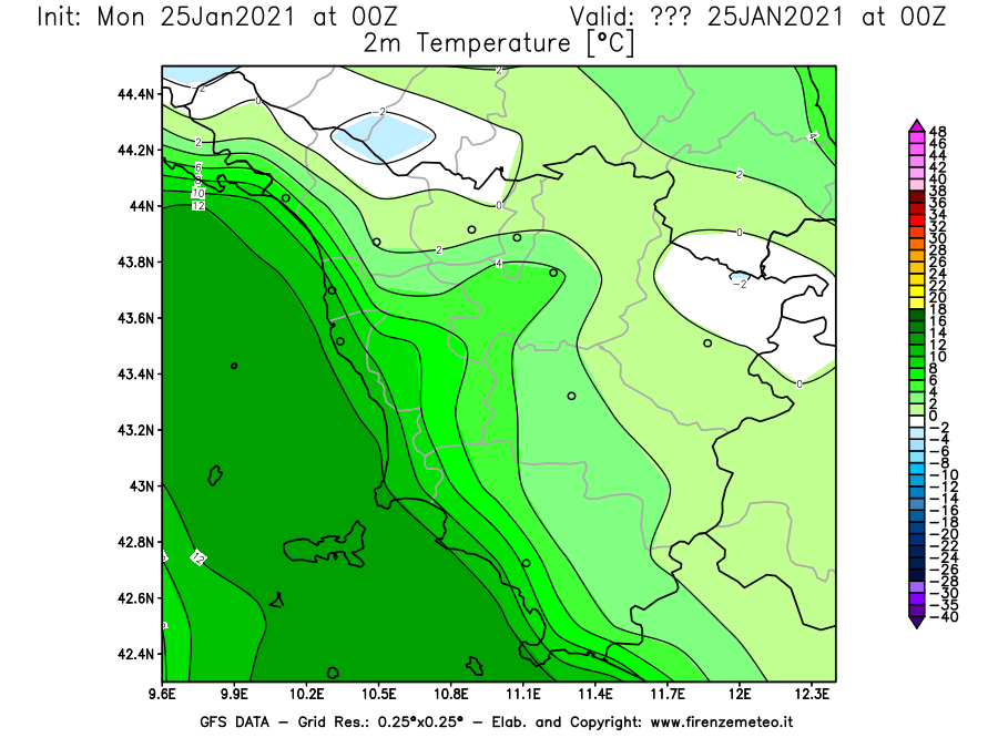 Mappa di analisi GFS - Temperatura a 2 metri dal suolo [°C] in Toscana
							del 25/01/2021 00 <!--googleoff: index-->UTC<!--googleon: index-->