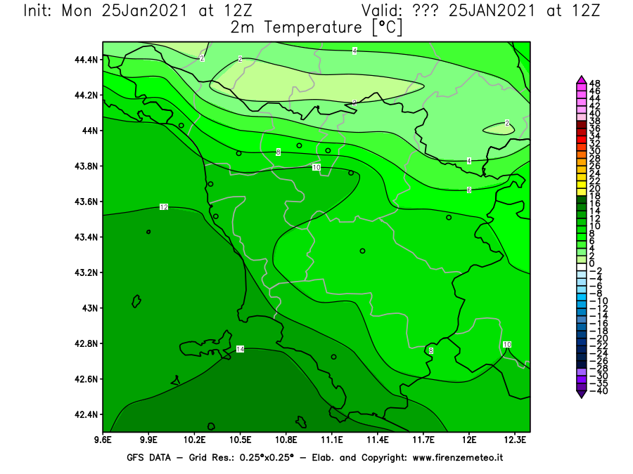 Mappa di analisi GFS - Temperatura a 2 metri dal suolo [°C] in Toscana
							del 25/01/2021 12 <!--googleoff: index-->UTC<!--googleon: index-->