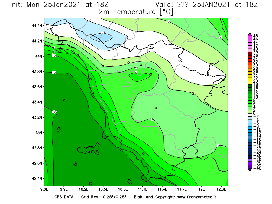 Mappa di analisi GFS - Temperatura a 2 metri dal suolo [°C] in Toscana
							del 25/01/2021 18 <!--googleoff: index-->UTC<!--googleon: index-->