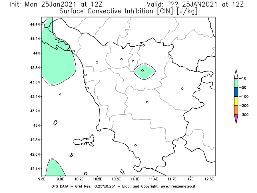 Mappa di analisi GFS - CIN [J/kg] in Toscana
									del 25/01/2021 12 <!--googleoff: index-->UTC<!--googleon: index-->