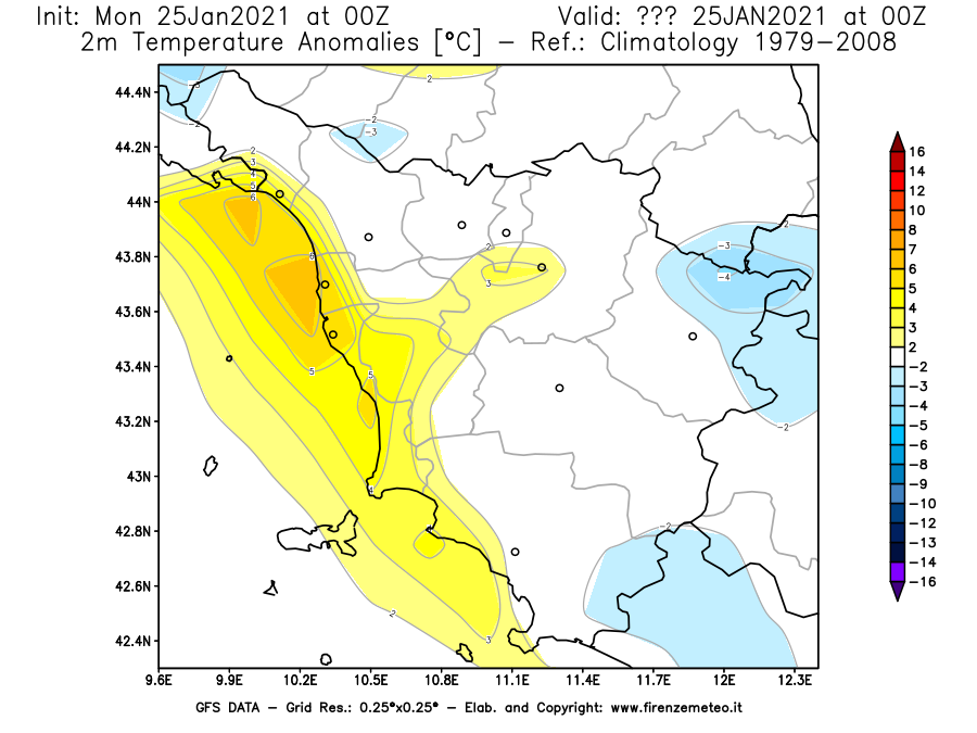Mappa di analisi GFS - Anomalia Temperatura [°C] a 2 m in Toscana
							del 25/01/2021 00 <!--googleoff: index-->UTC<!--googleon: index-->