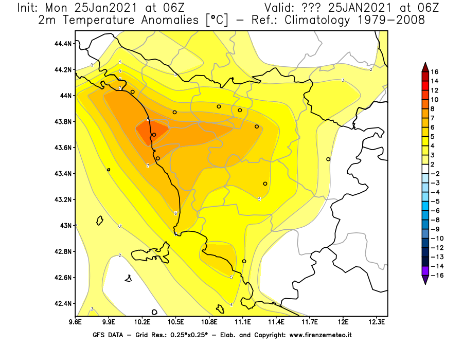 Mappa di analisi GFS - Anomalia Temperatura [°C] a 2 m in Toscana
									del 25/01/2021 06 <!--googleoff: index-->UTC<!--googleon: index-->