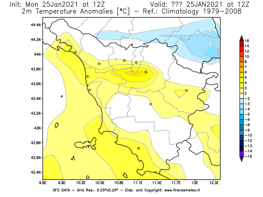 Mappa di analisi GFS - Anomalia Temperatura [°C] a 2 m in Toscana
									del 25/01/2021 12 <!--googleoff: index-->UTC<!--googleon: index-->
