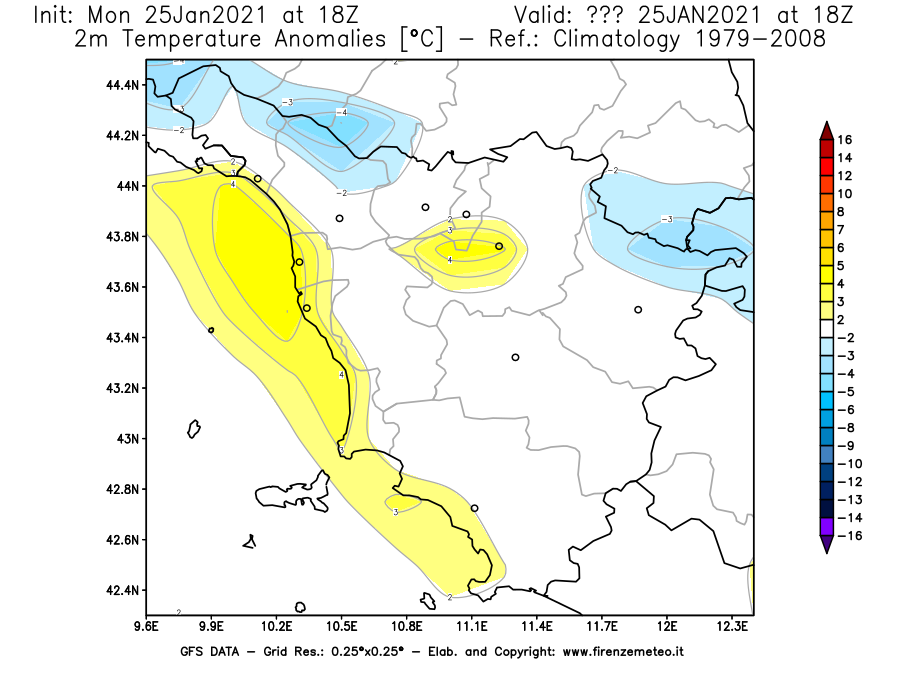 Mappa di analisi GFS - Anomalia Temperatura [°C] a 2 m in Toscana
							del 25/01/2021 18 <!--googleoff: index-->UTC<!--googleon: index-->