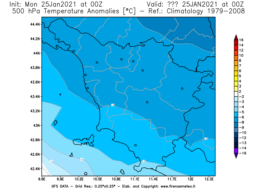 Mappa di analisi GFS - Anomalia Temperatura [°C] a 500 hPa in Toscana
							del 25/01/2021 00 <!--googleoff: index-->UTC<!--googleon: index-->