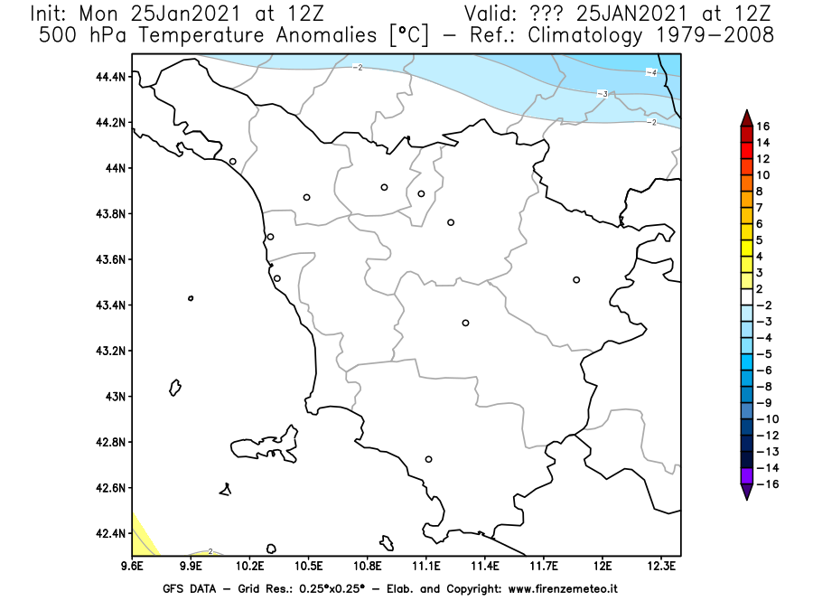 Mappa di analisi GFS - Anomalia Temperatura [°C] a 500 hPa in Toscana
									del 25/01/2021 12 <!--googleoff: index-->UTC<!--googleon: index-->