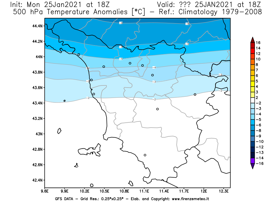 Mappa di analisi GFS - Anomalia Temperatura [°C] a 500 hPa in Toscana
							del 25/01/2021 18 <!--googleoff: index-->UTC<!--googleon: index-->
