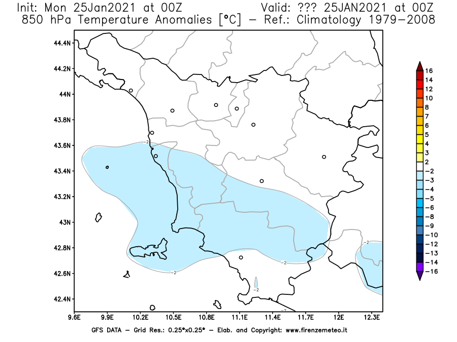 Mappa di analisi GFS - Anomalia Temperatura [°C] a 850 hPa in Toscana
							del 25/01/2021 00 <!--googleoff: index-->UTC<!--googleon: index-->