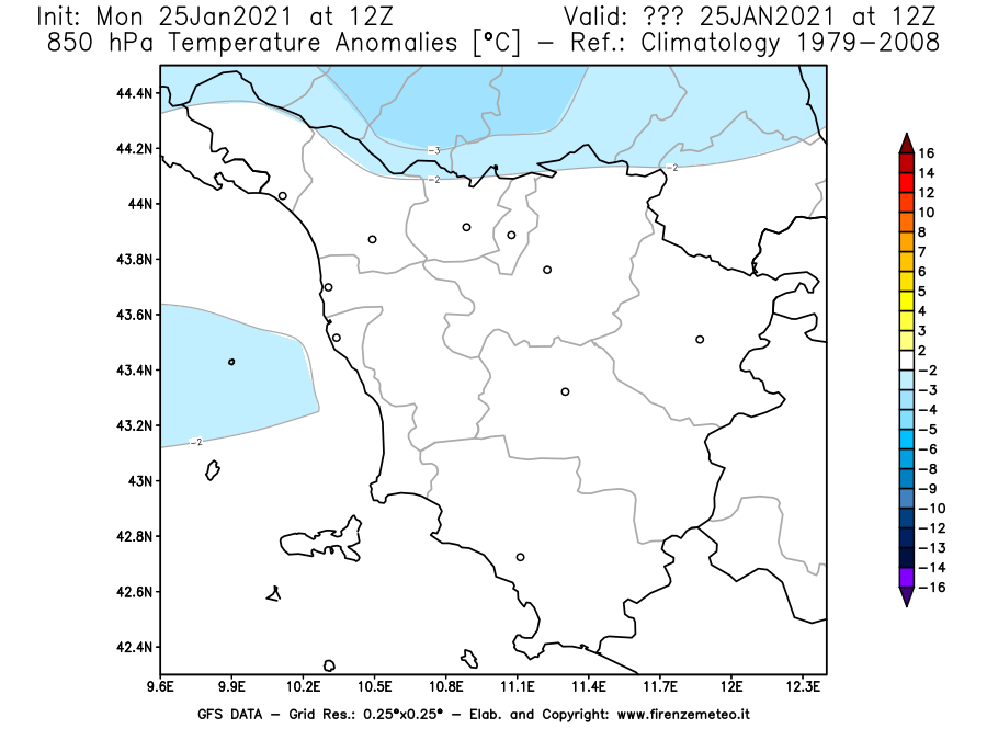 Mappa di analisi GFS - Anomalia Temperatura [°C] a 850 hPa in Toscana
									del 25/01/2021 12 <!--googleoff: index-->UTC<!--googleon: index-->