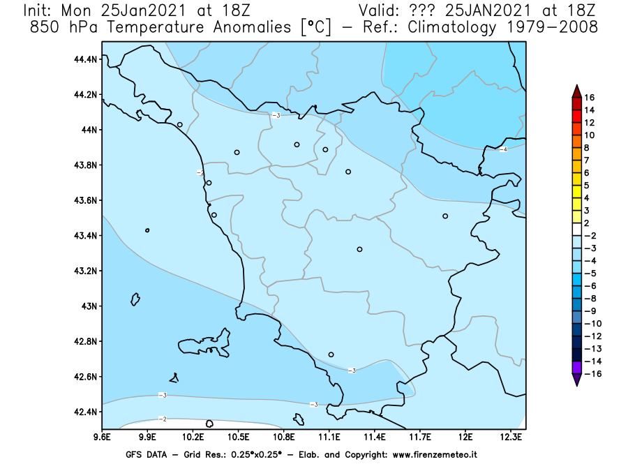 Mappa di analisi GFS - Anomalia Temperatura [°C] a 850 hPa in Toscana
							del 25/01/2021 18 <!--googleoff: index-->UTC<!--googleon: index-->