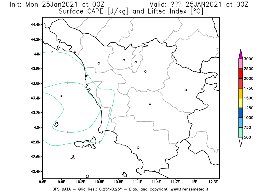 Mappa di analisi GFS - CAPE [J/kg] e Lifted Index [°C] in Toscana
									del 25/01/2021 00 <!--googleoff: index-->UTC<!--googleon: index-->