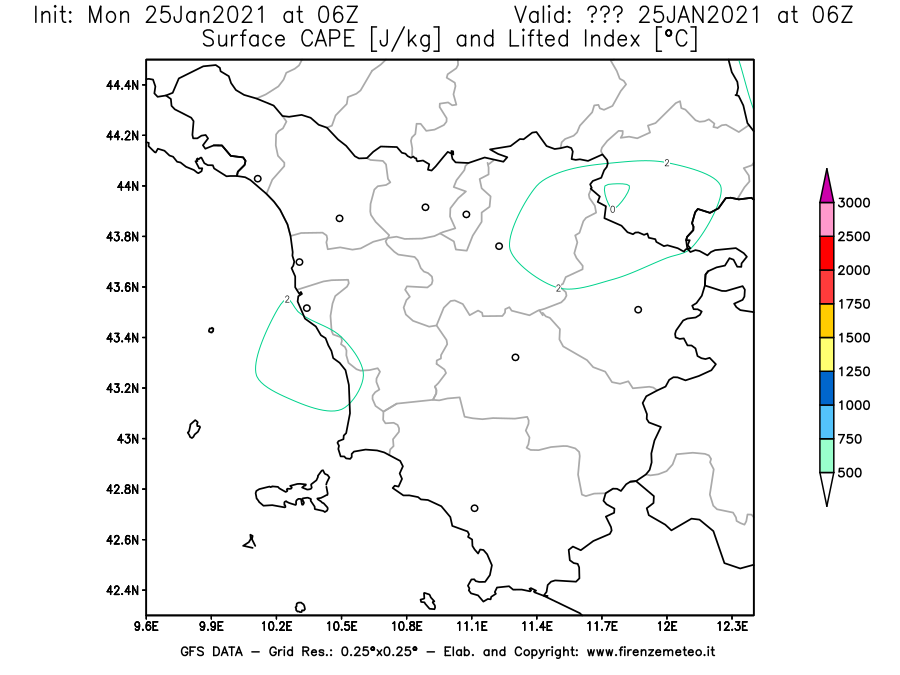 Mappa di analisi GFS - CAPE [J/kg] e Lifted Index [°C] in Toscana
									del 25/01/2021 06 <!--googleoff: index-->UTC<!--googleon: index-->