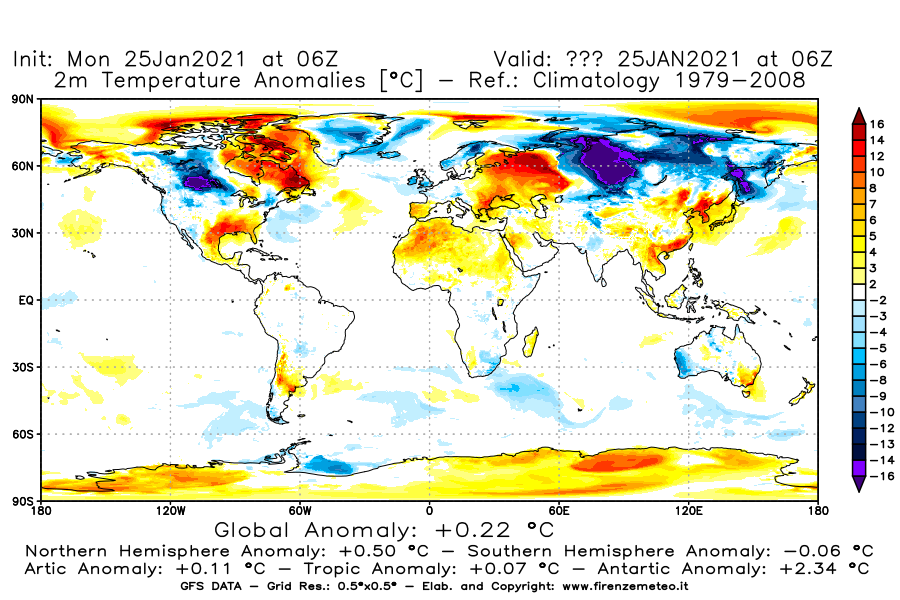 Mappa di analisi GFS - Anomalia Temperatura [°C] a 2 m in World
							del 25/01/2021 06 <!--googleoff: index-->UTC<!--googleon: index-->