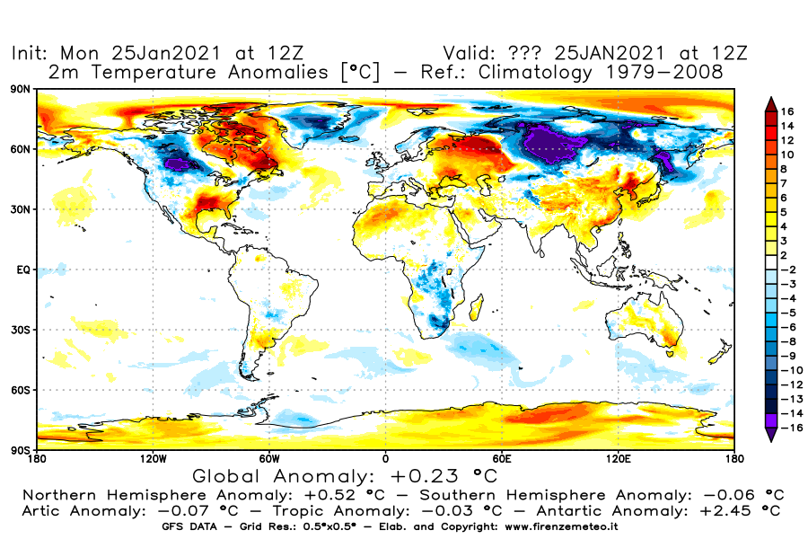 Mappa di analisi GFS - Anomalia Temperatura [°C] a 2 m in World
									del 25/01/2021 12 <!--googleoff: index-->UTC<!--googleon: index-->