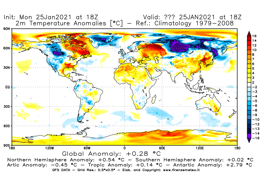 Mappa di analisi GFS - Anomalia Temperatura [°C] a 2 m in World
							del 25/01/2021 18 <!--googleoff: index-->UTC<!--googleon: index-->
