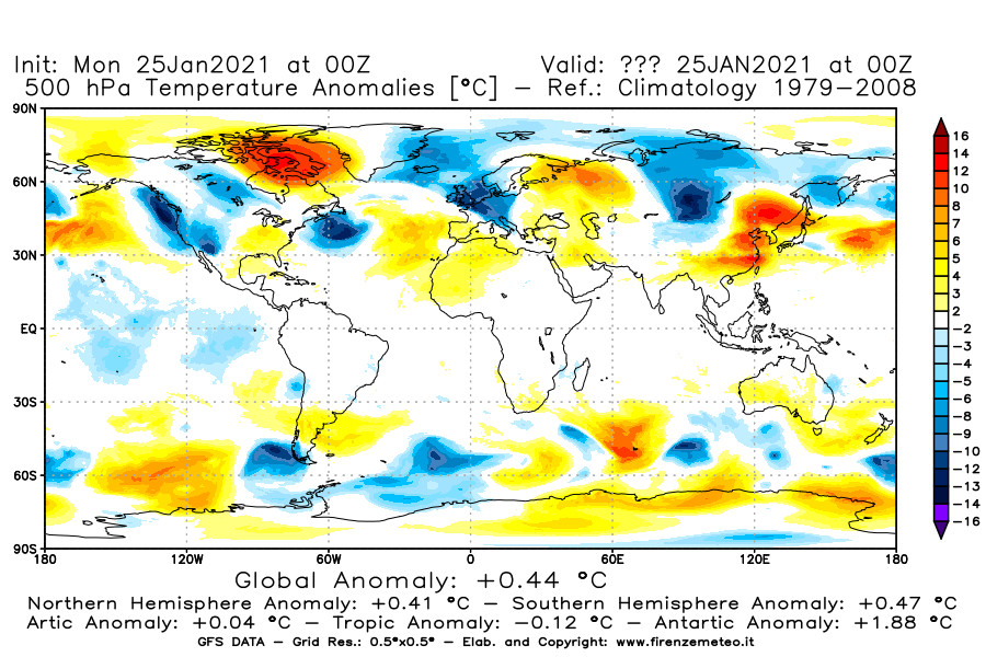 Mappa di analisi GFS - Anomalia Temperatura [°C] a 500 hPa in World
									del 25/01/2021 00 <!--googleoff: index-->UTC<!--googleon: index-->