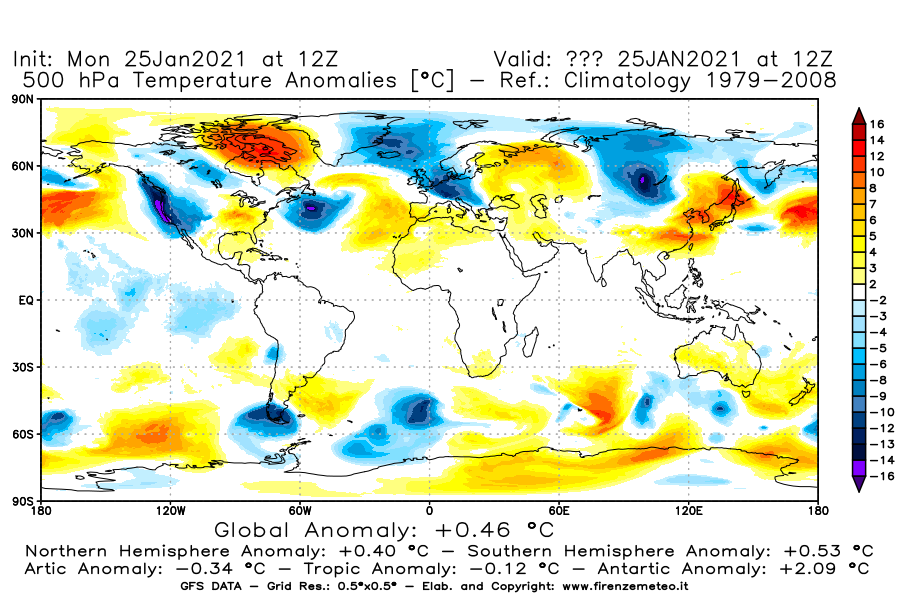 Mappa di analisi GFS - Anomalia Temperatura [°C] a 500 hPa in World
							del 25/01/2021 12 <!--googleoff: index-->UTC<!--googleon: index-->