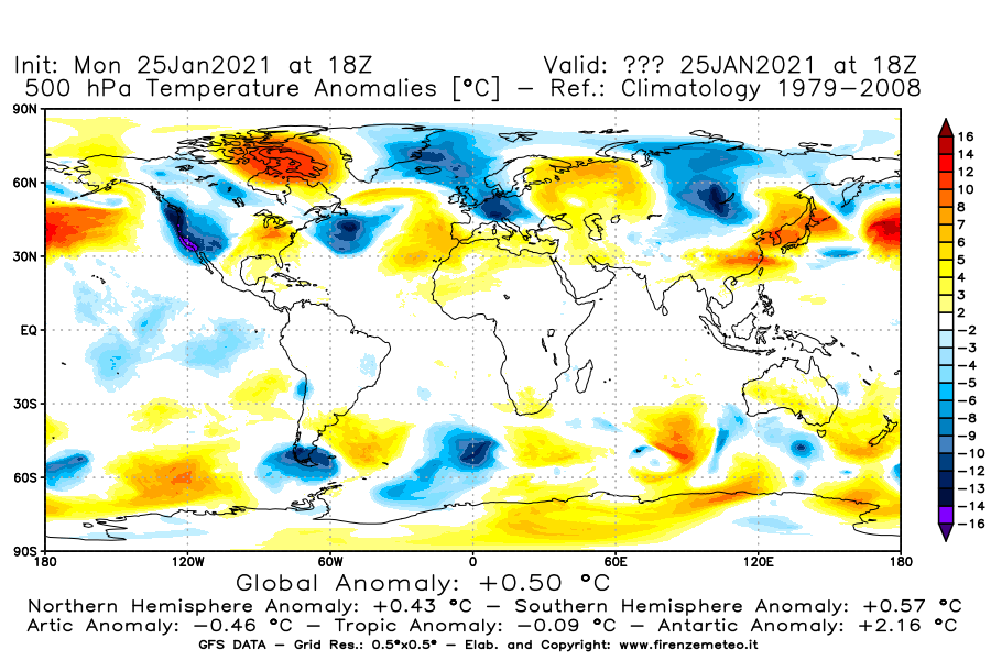 Mappa di analisi GFS - Anomalia Temperatura [°C] a 500 hPa in World
									del 25/01/2021 18 <!--googleoff: index-->UTC<!--googleon: index-->