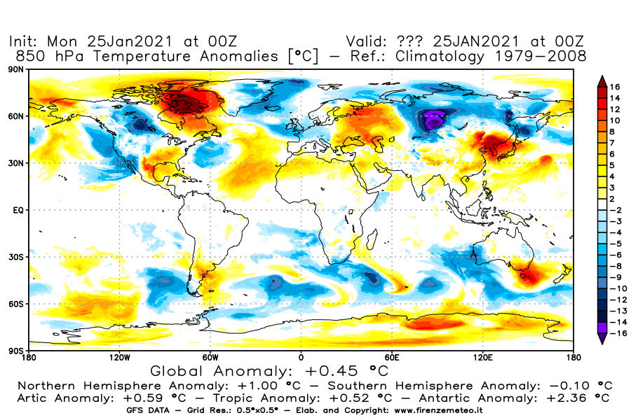 Mappa di analisi GFS - Anomalia Temperatura [°C] a 850 hPa in World
									del 25/01/2021 00 <!--googleoff: index-->UTC<!--googleon: index-->
