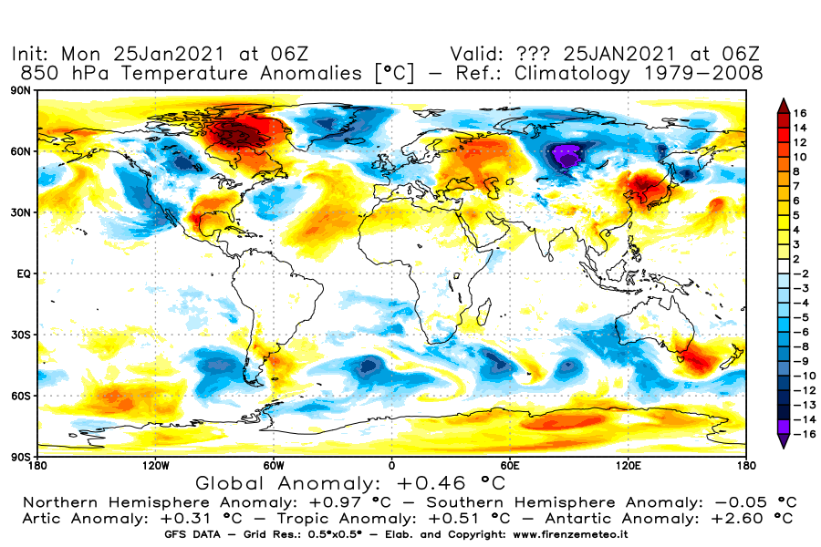 Mappa di analisi GFS - Anomalia Temperatura [°C] a 850 hPa in World
									del 25/01/2021 06 <!--googleoff: index-->UTC<!--googleon: index-->