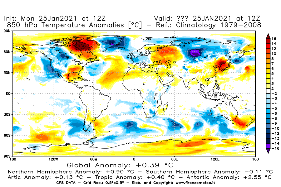 Mappa di analisi GFS - Anomalia Temperatura [°C] a 850 hPa in World
									del 25/01/2021 12 <!--googleoff: index-->UTC<!--googleon: index-->