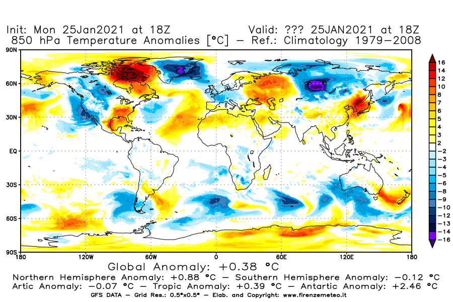 Mappa di analisi GFS - Anomalia Temperatura [°C] a 850 hPa in World
							del 25/01/2021 18 <!--googleoff: index-->UTC<!--googleon: index-->
