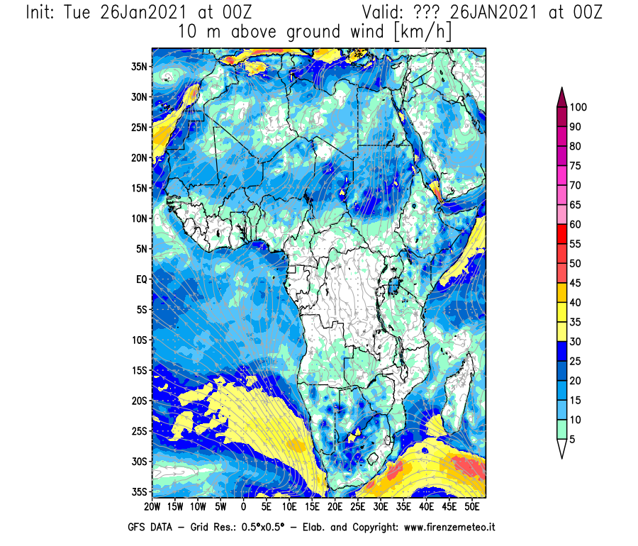Mappa di analisi GFS - Velocità del vento a 10 metri dal suolo [km/h] in Africa
							del 26/01/2021 00 <!--googleoff: index-->UTC<!--googleon: index-->