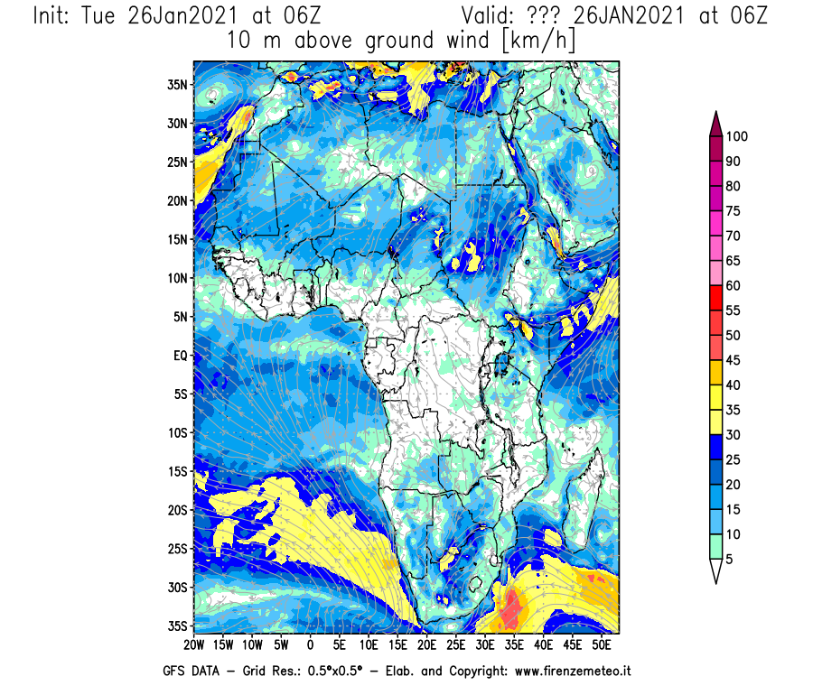 Mappa di analisi GFS - Velocità del vento a 10 metri dal suolo [km/h] in Africa
							del 26/01/2021 06 <!--googleoff: index-->UTC<!--googleon: index-->