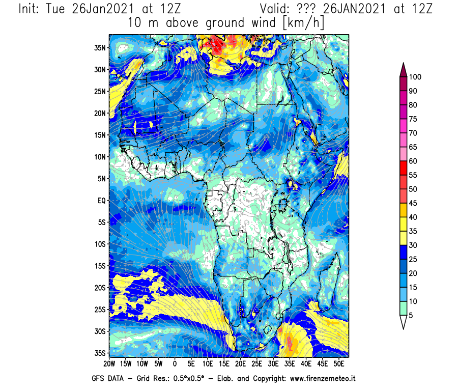 Mappa di analisi GFS - Velocità del vento a 10 metri dal suolo [km/h] in Africa
							del 26/01/2021 12 <!--googleoff: index-->UTC<!--googleon: index-->