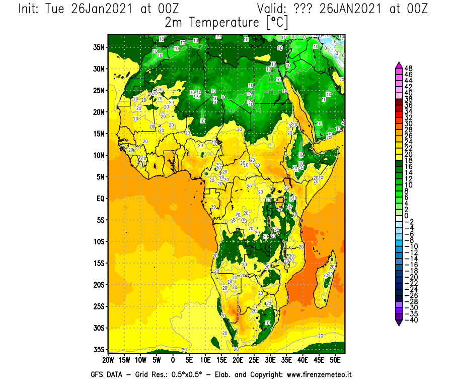 Mappa di analisi GFS - Temperatura a 2 metri dal suolo [°C] in Africa
							del 26/01/2021 00 <!--googleoff: index-->UTC<!--googleon: index-->