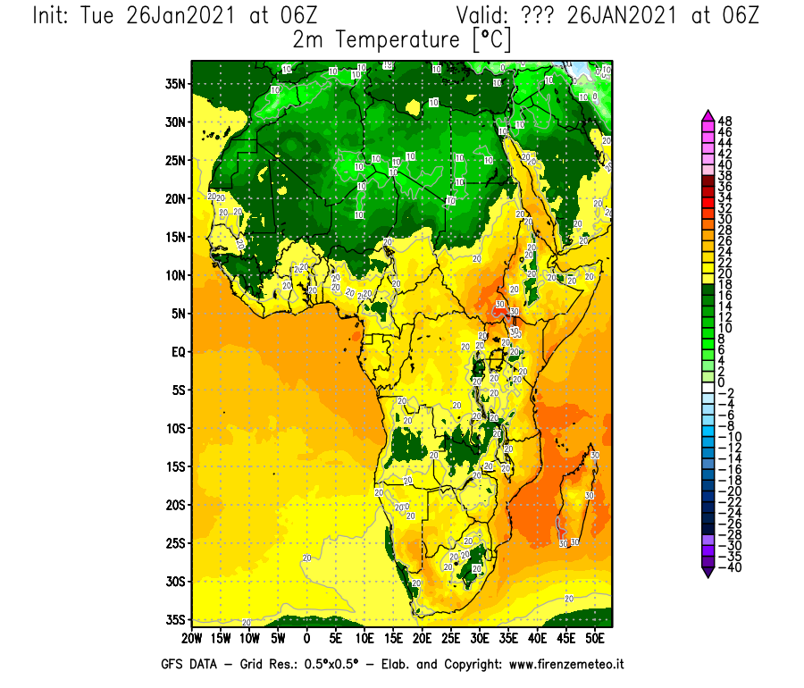Mappa di analisi GFS - Temperatura a 2 metri dal suolo [°C] in Africa
							del 26/01/2021 06 <!--googleoff: index-->UTC<!--googleon: index-->