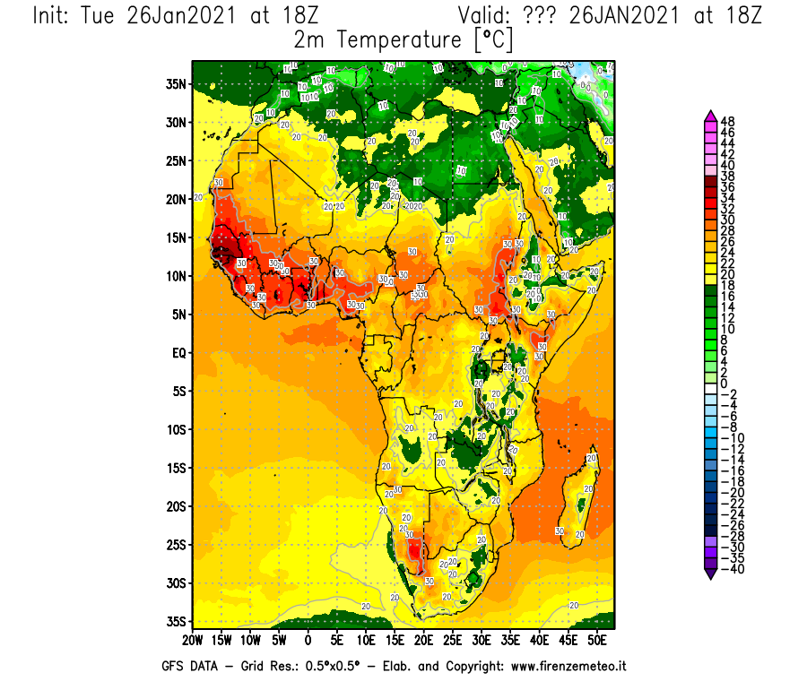 Mappa di analisi GFS - Temperatura a 2 metri dal suolo [°C] in Africa
							del 26/01/2021 18 <!--googleoff: index-->UTC<!--googleon: index-->