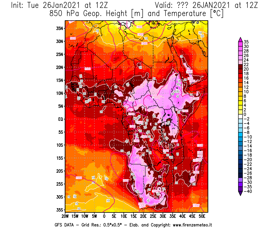 Mappa di analisi GFS - Geopotenziale [m] e Temperatura [°C] a 850 hPa in Africa
							del 26/01/2021 12 <!--googleoff: index-->UTC<!--googleon: index-->