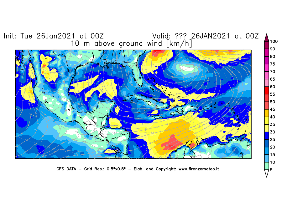 Mappa di analisi GFS - Velocità del vento a 10 metri dal suolo [km/h] in Centro-America
							del 26/01/2021 00 <!--googleoff: index-->UTC<!--googleon: index-->