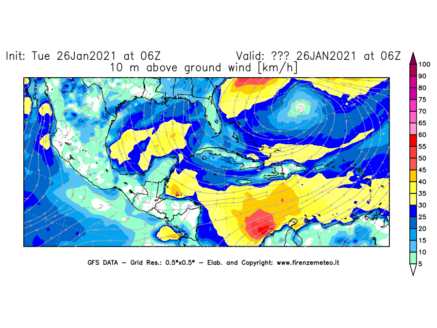 Mappa di analisi GFS - Velocità del vento a 10 metri dal suolo [km/h] in Centro-America
							del 26/01/2021 06 <!--googleoff: index-->UTC<!--googleon: index-->