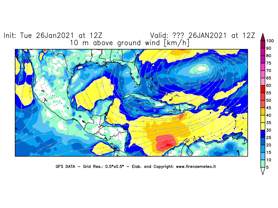 Mappa di analisi GFS - Velocità del vento a 10 metri dal suolo [km/h] in Centro-America
							del 26/01/2021 12 <!--googleoff: index-->UTC<!--googleon: index-->
