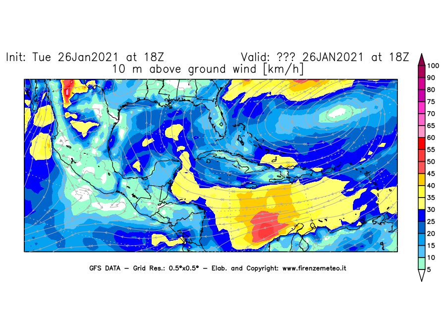 Mappa di analisi GFS - Velocità del vento a 10 metri dal suolo [km/h] in Centro-America
							del 26/01/2021 18 <!--googleoff: index-->UTC<!--googleon: index-->