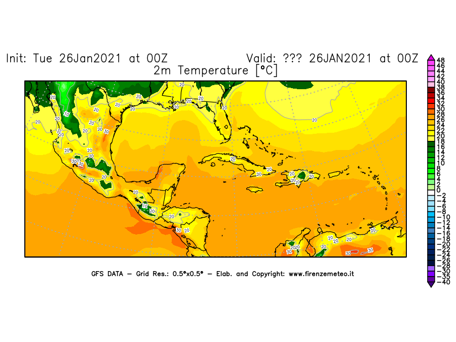 Mappa di analisi GFS - Temperatura a 2 metri dal suolo [°C] in Centro-America
							del 26/01/2021 00 <!--googleoff: index-->UTC<!--googleon: index-->