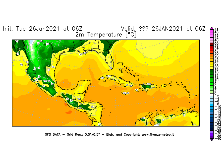 Mappa di analisi GFS - Temperatura a 2 metri dal suolo [°C] in Centro-America
							del 26/01/2021 06 <!--googleoff: index-->UTC<!--googleon: index-->