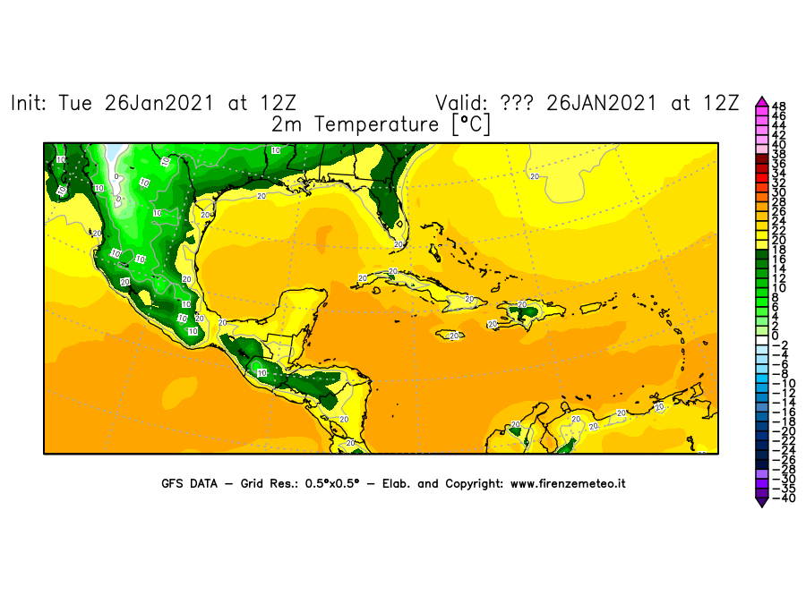 Mappa di analisi GFS - Temperatura a 2 metri dal suolo [°C] in Centro-America
							del 26/01/2021 12 <!--googleoff: index-->UTC<!--googleon: index-->