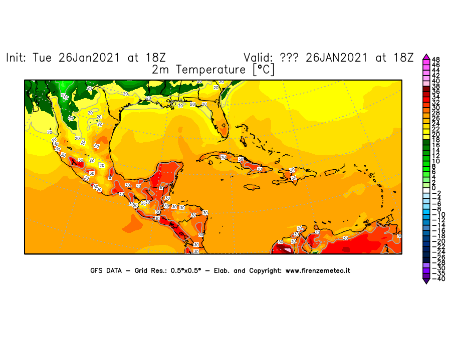 Mappa di analisi GFS - Temperatura a 2 metri dal suolo [°C] in Centro-America
							del 26/01/2021 18 <!--googleoff: index-->UTC<!--googleon: index-->