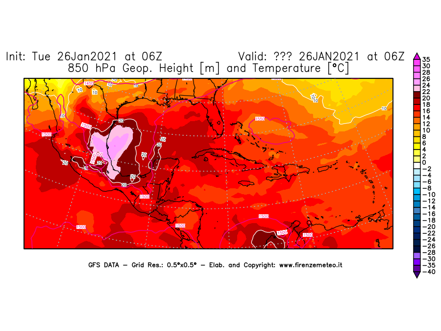 Mappa di analisi GFS - Geopotenziale [m] e Temperatura [°C] a 850 hPa in Centro-America
							del 26/01/2021 06 <!--googleoff: index-->UTC<!--googleon: index-->