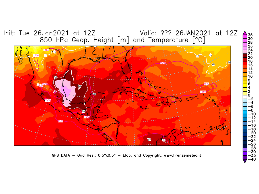 Mappa di analisi GFS - Geopotenziale [m] e Temperatura [°C] a 850 hPa in Centro-America
							del 26/01/2021 12 <!--googleoff: index-->UTC<!--googleon: index-->