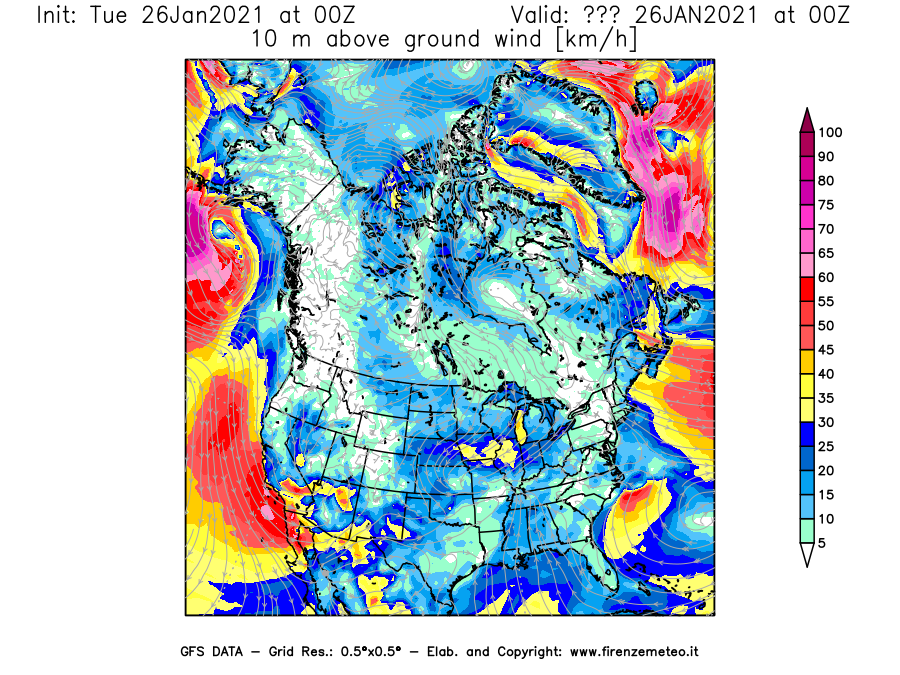 Mappa di analisi GFS - Velocità del vento a 10 metri dal suolo [km/h] in Nord-America
							del 26/01/2021 00 <!--googleoff: index-->UTC<!--googleon: index-->